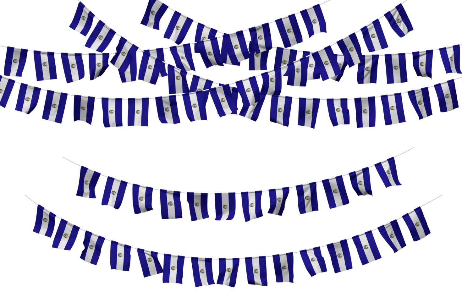 El Salvador Flag Bunting Decoration on The Rope, Jhandi, Set of Small Flag Celebration, 3D Rendering png