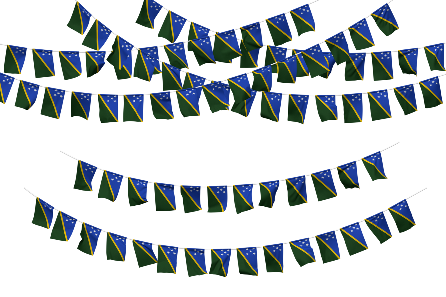 Salomon îles drapeau bruant décoration sur le corde, jhandi, ensemble de petit drapeau fête, 3d le rendu png