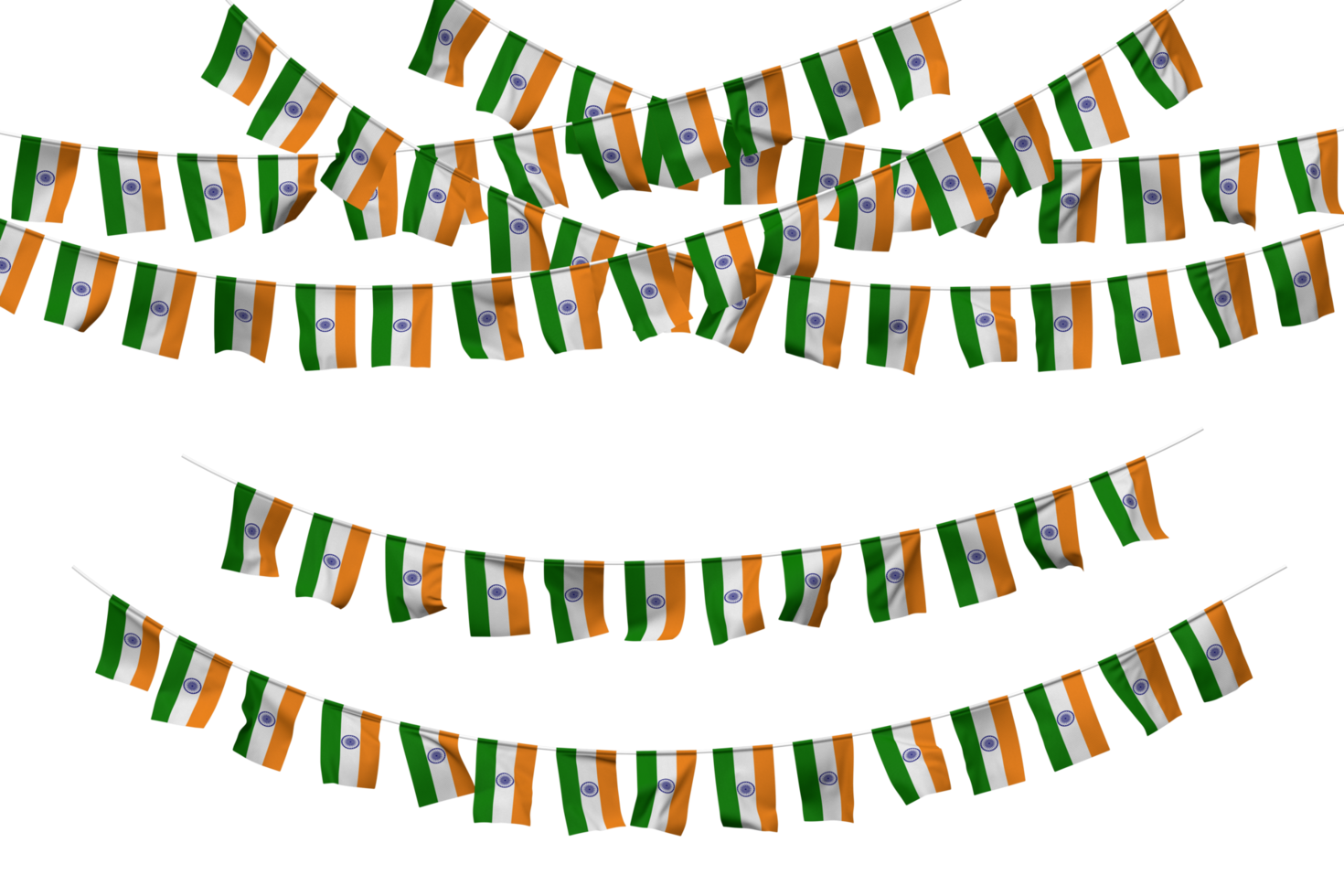 India Flag Bunting Decoration on The Rope, Jhandi, Set of Small Flag Celebration, 3D Rendering png