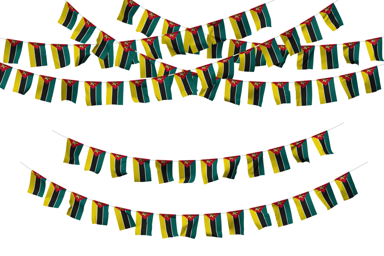 Mozambique Flag Bunting Decoration on The Rope, Jhandi, Set of Small Flag Celebration, 3D Rendering png