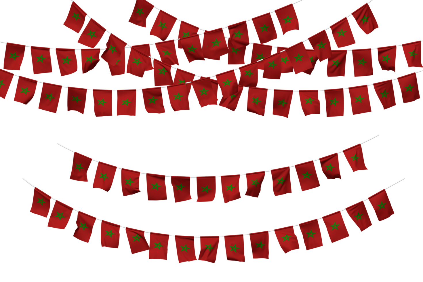 Morocco Flag Bunting Decoration on The Rope, Jhandi, Set of Small Flag Celebration, 3D Rendering png