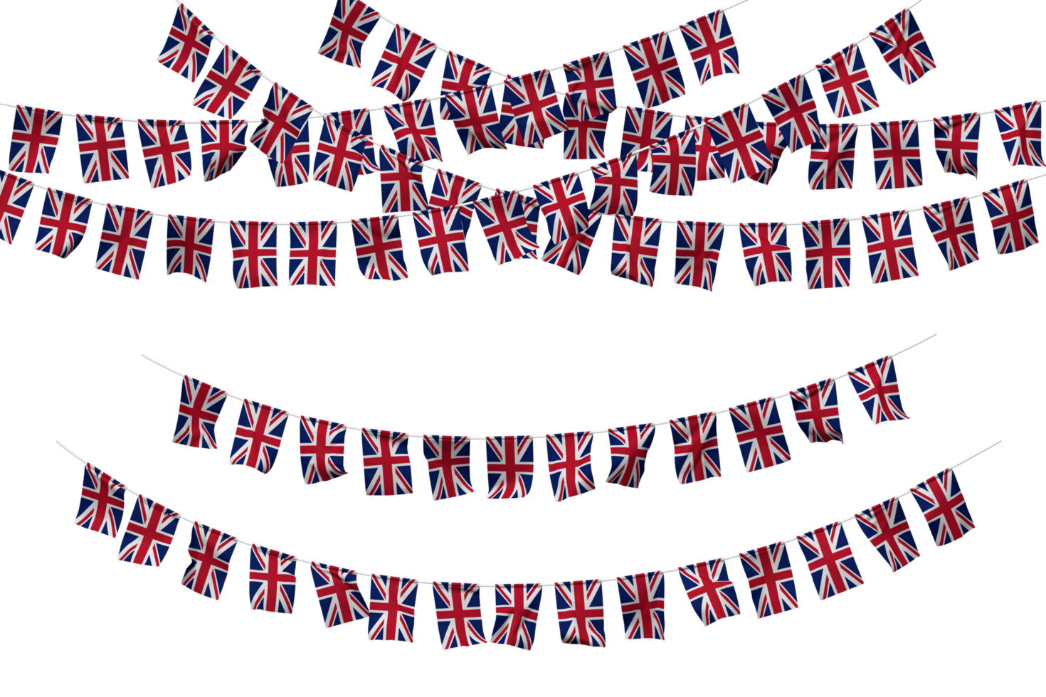 United Kingdom Flag Bunting Decoration on The Rope, Jhandi, Set of Small Flag Celebration, 3D Rendering png