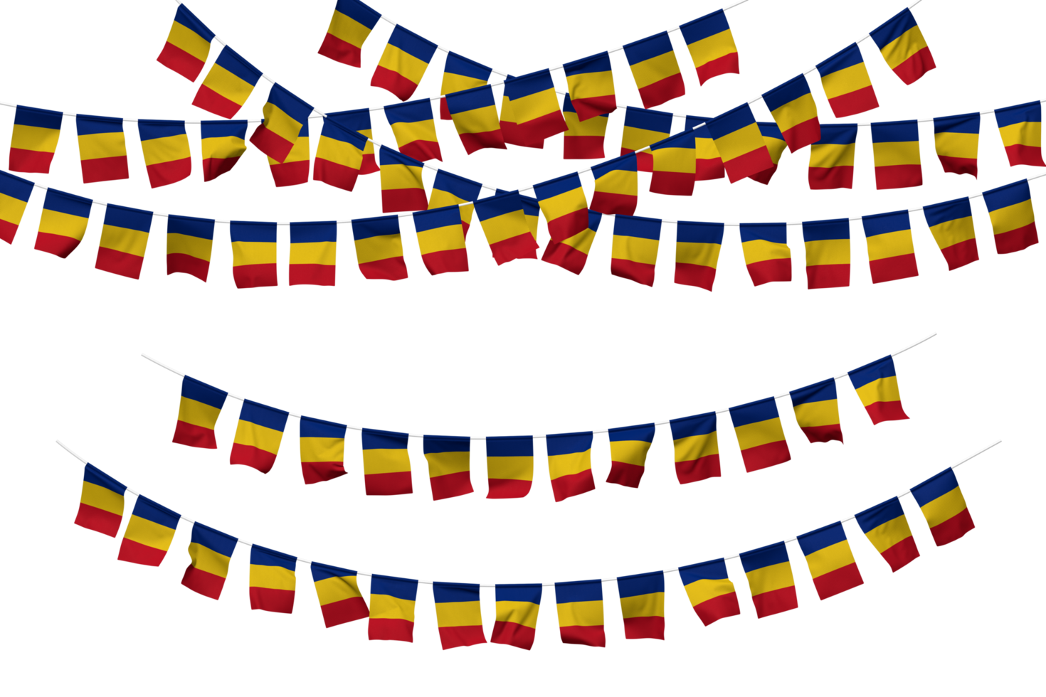 Romania Flag Bunting Decoration on The Rope, Jhandi, Set of Small Flag Celebration, 3D Rendering png