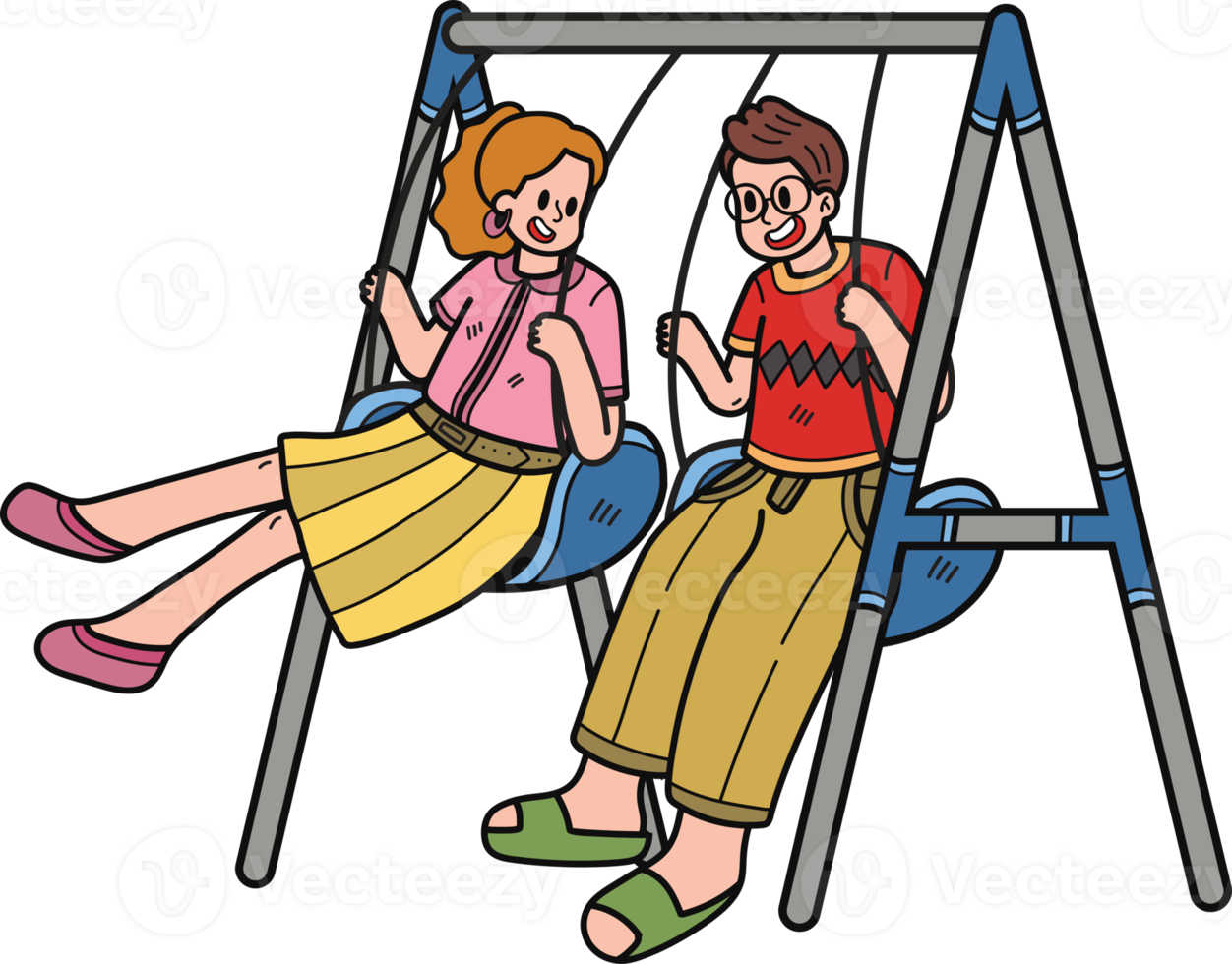 couple playing on swings illustration in doodle style png