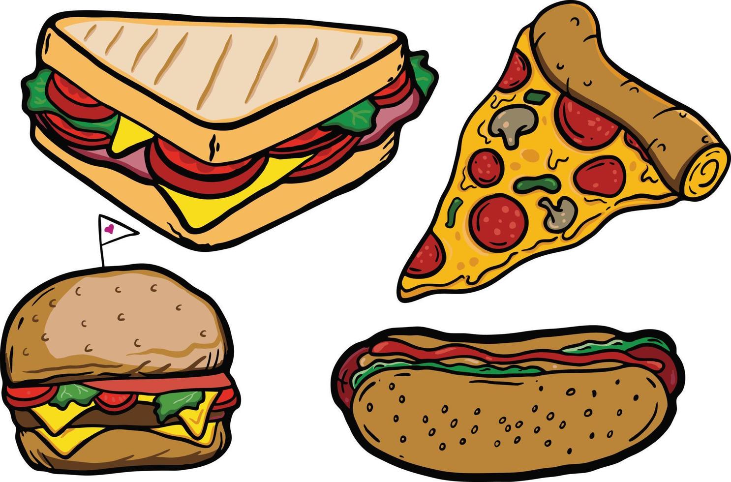 set of food cheese burger hotdog sandwich pizza vector illustrations