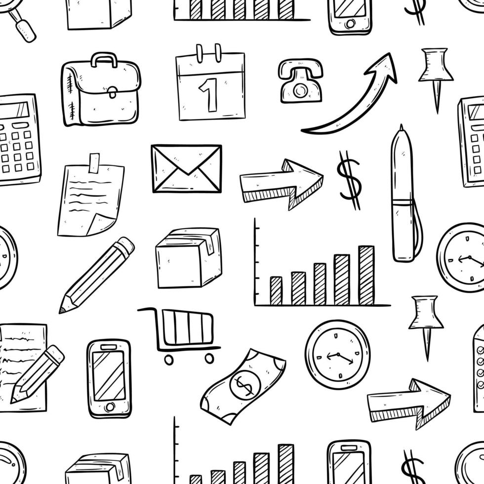 seamless pattern of business doodle icons on white background vector