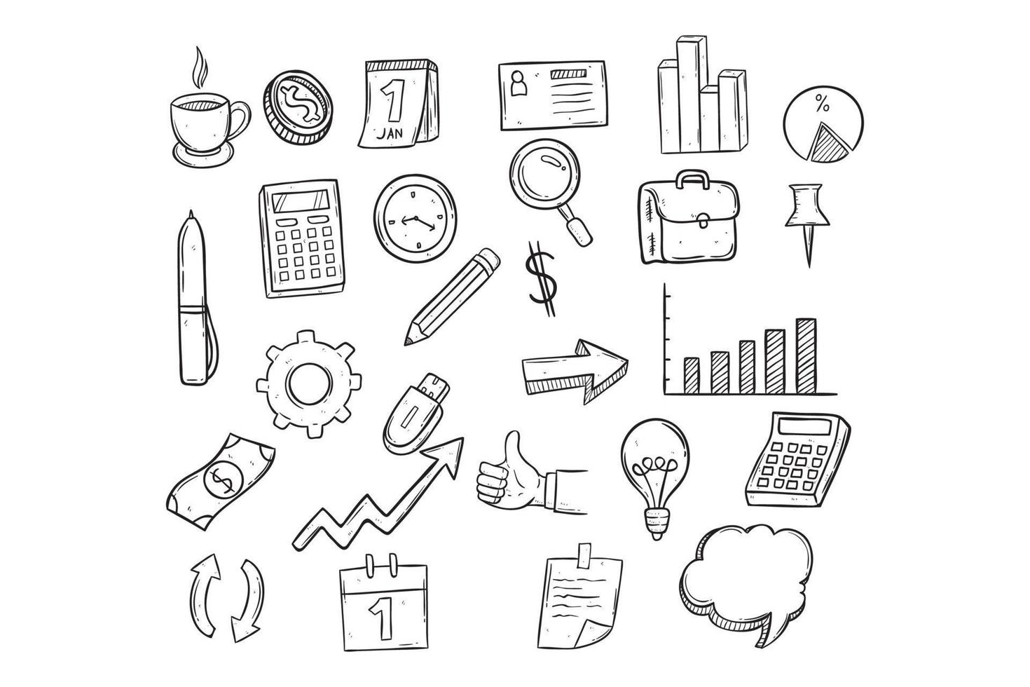 set of doodle business icons on white background vector