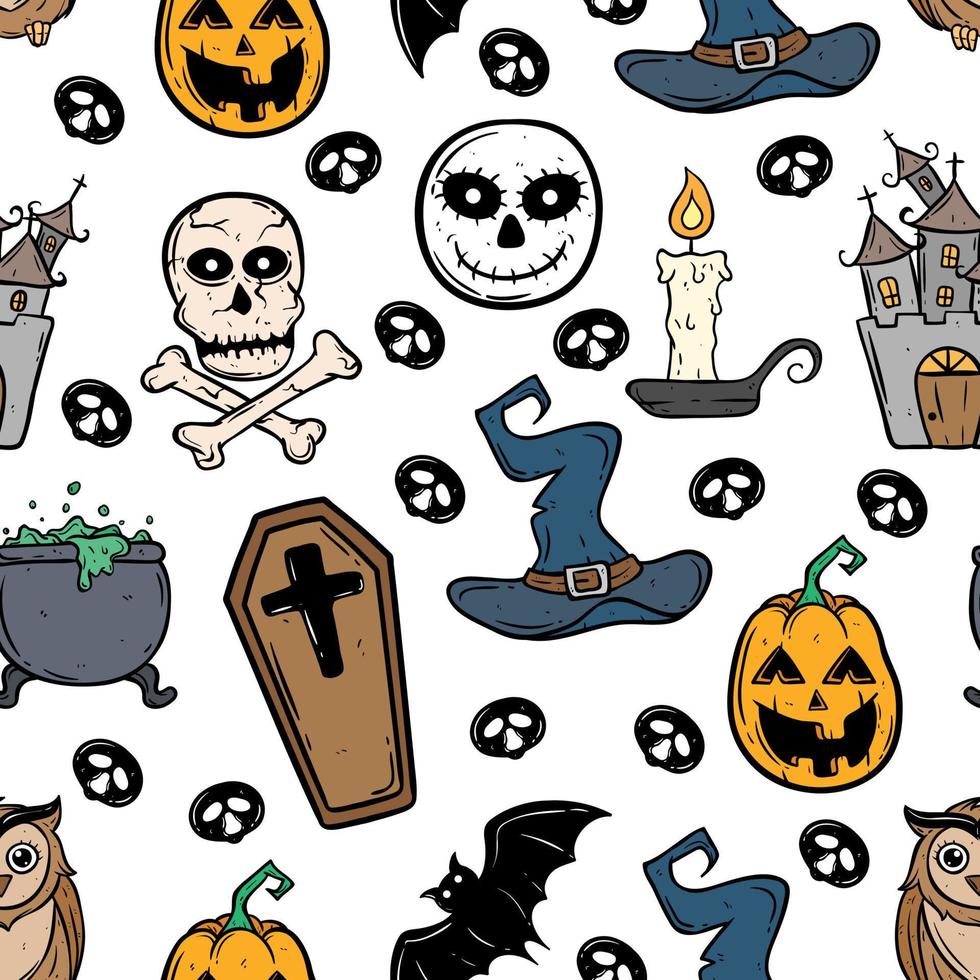 seamless pattern of halloween doodle icons on white background vector