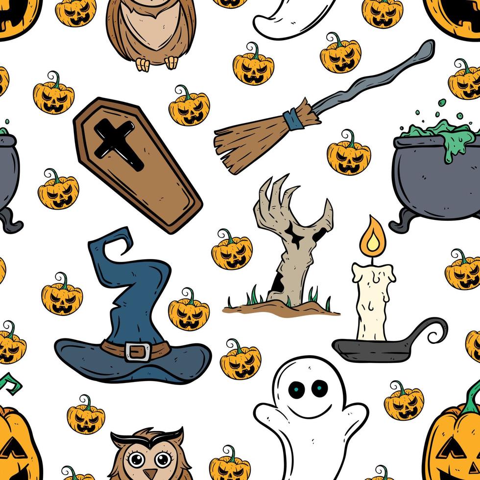 seamless pattern of halloween doodle icons on white background vector