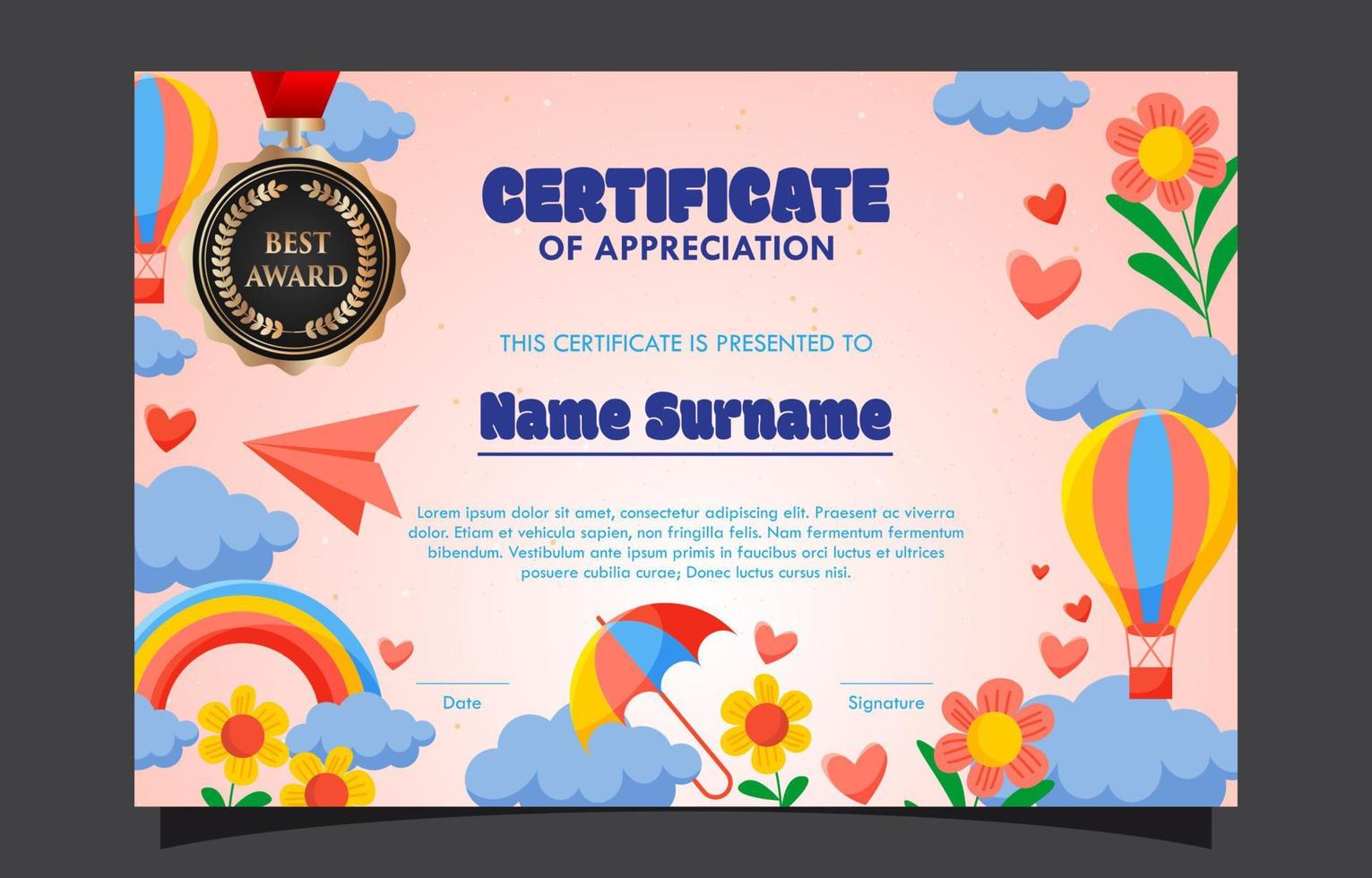 Colorful  Children Themed Certificate of Appreciation Template vector