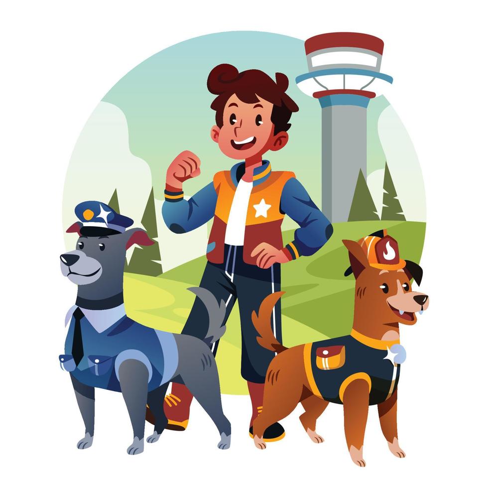 A Boy On Patrol With His Dog Partner vector