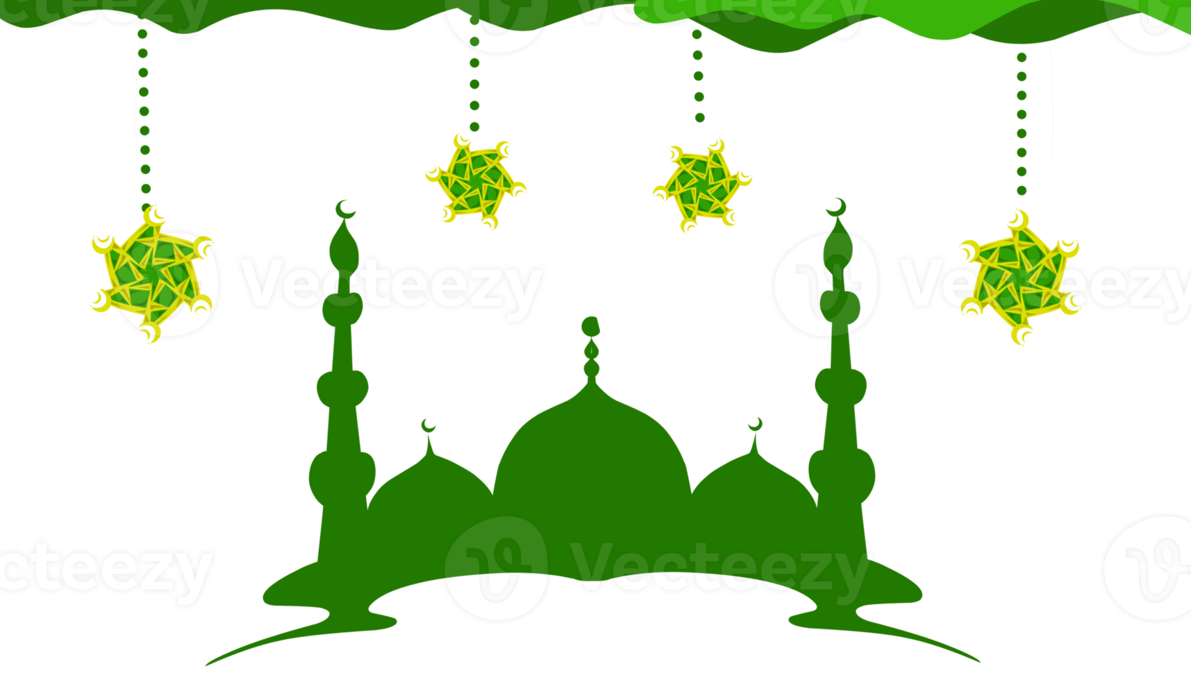 Background Illustration of the theme of Ramadan and Eid al-Fitr and Eid al-Adha, with a green mosque and hanging lanterns png