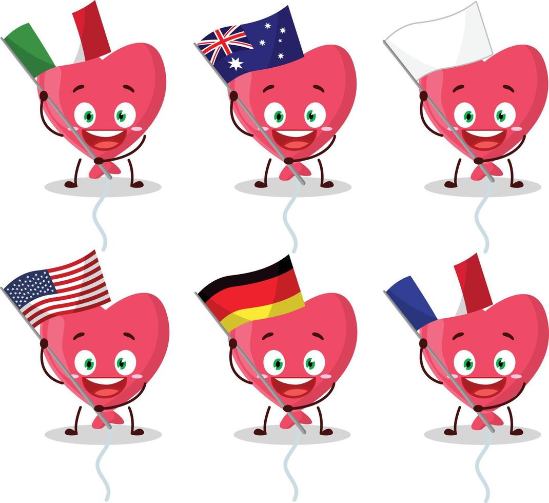 Red love balloon cartoon character bring the flags of various countries vector