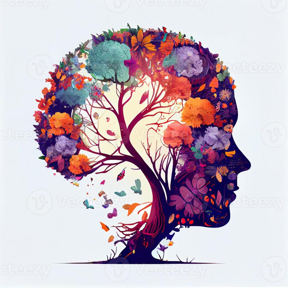 Human brain tree with flowers and butterflies, concept of self care, mind, ideas, creativity - AI generated image photo