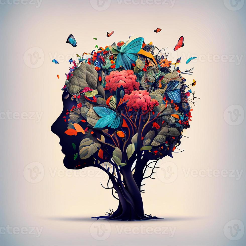 Human brain tree with flowers and butterflies, concept of self care, mind, ideas, creativity - AI generated image photo