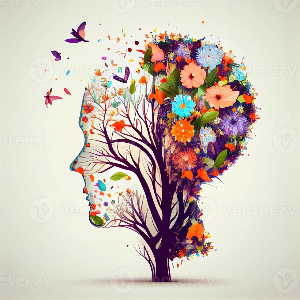 Human brain tree with flowers and butterflies, concept of self care, mind, ideas, creativity - AI generated image photo