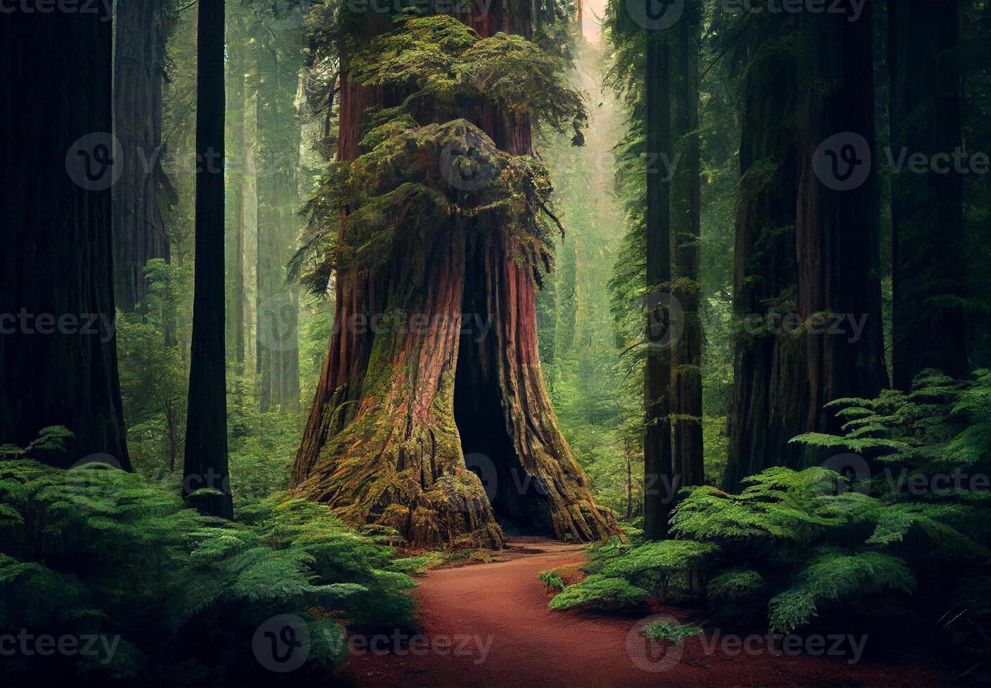 Dense forest in California, many sequoias - image photo