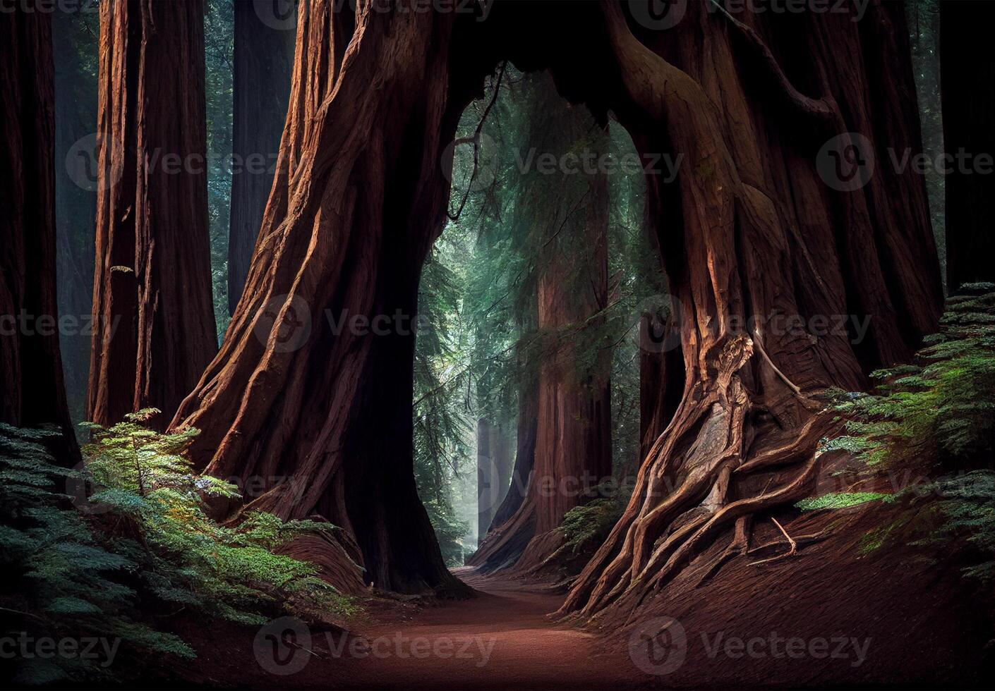 Dense forest in California, many sequoias - image photo