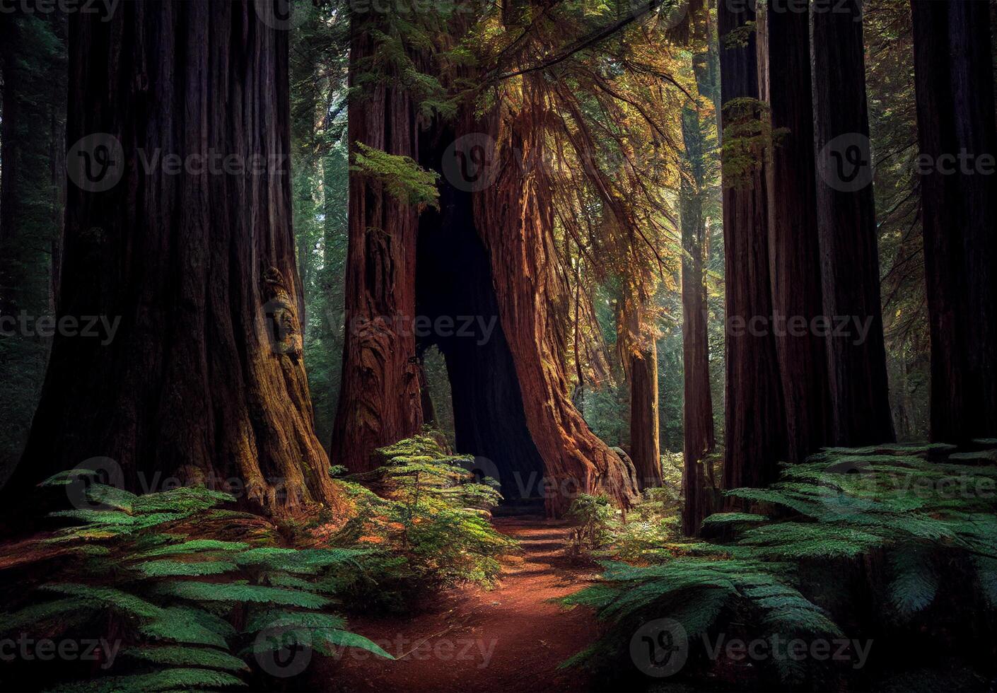 Dense forest in California, many sequoias - image photo