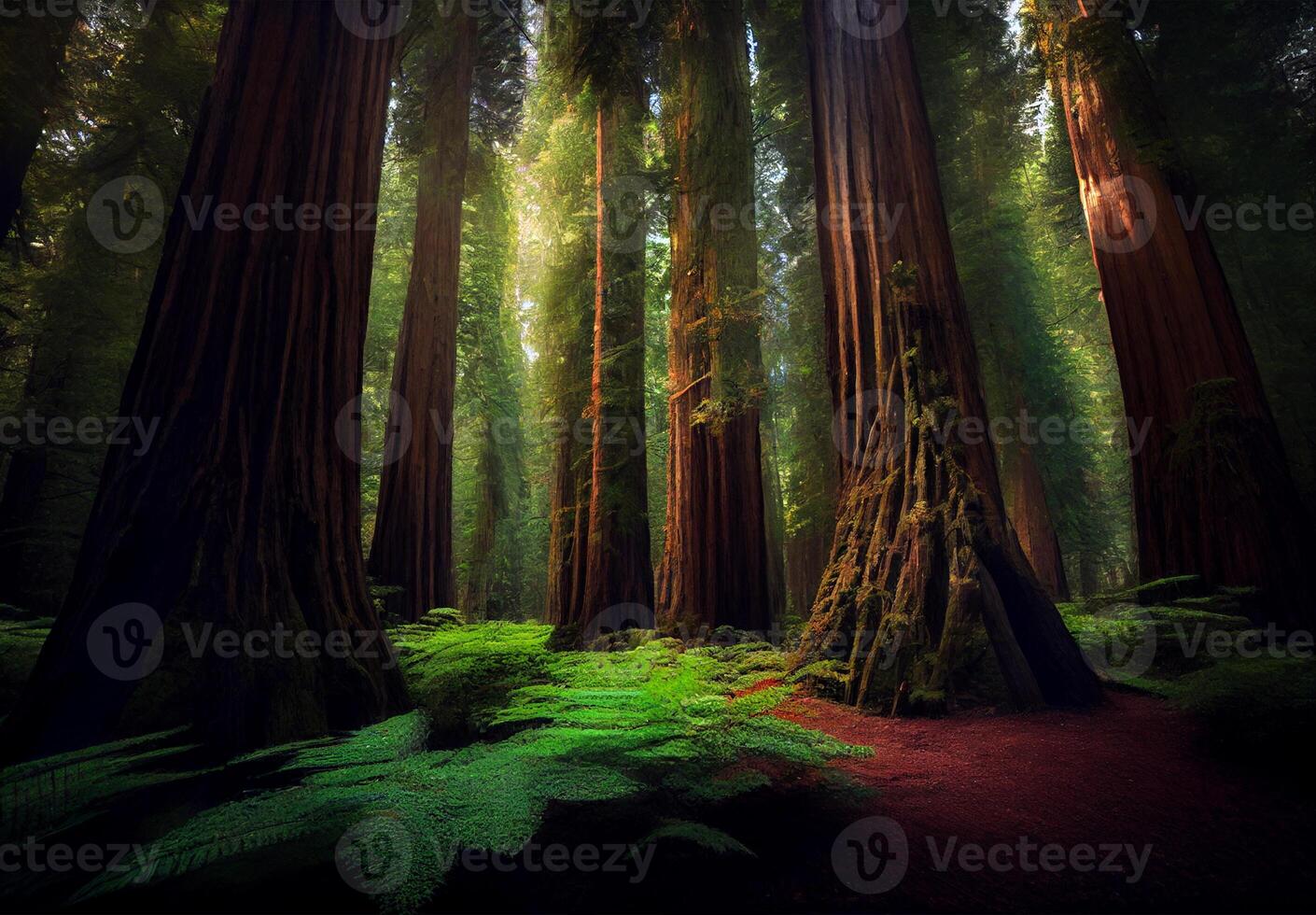 Dense forest in California, many sequoias - image photo