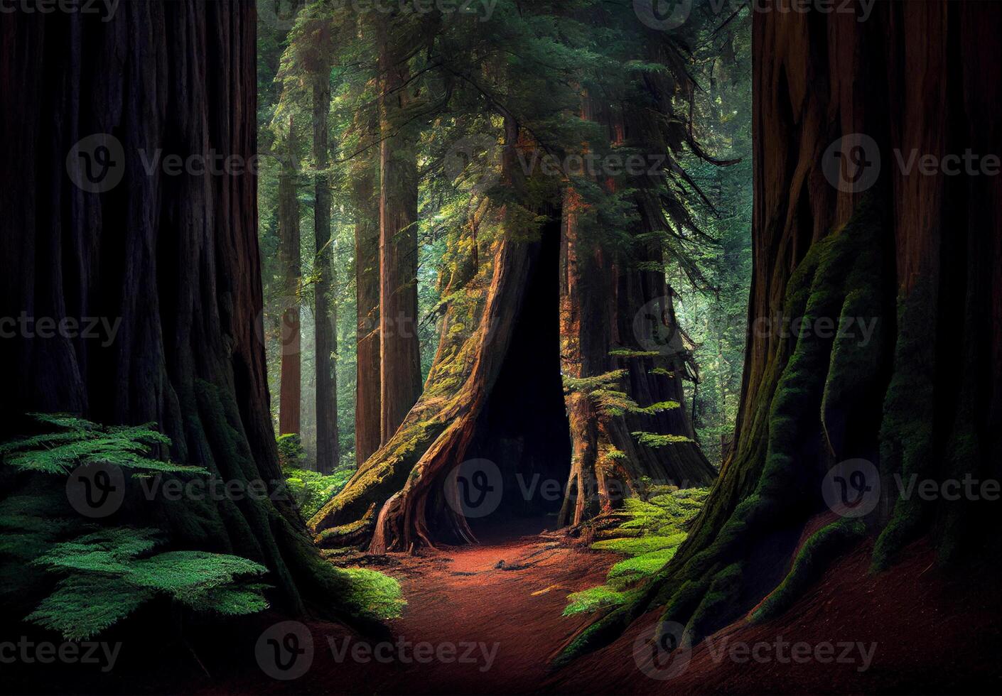 Dense forest in California, many sequoias - image photo