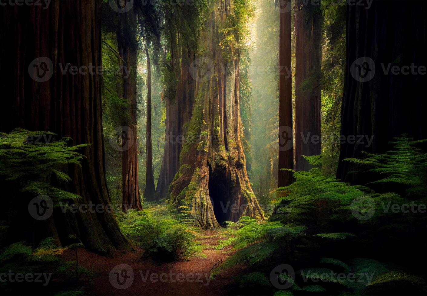 Dense forest in California, many sequoias - image photo