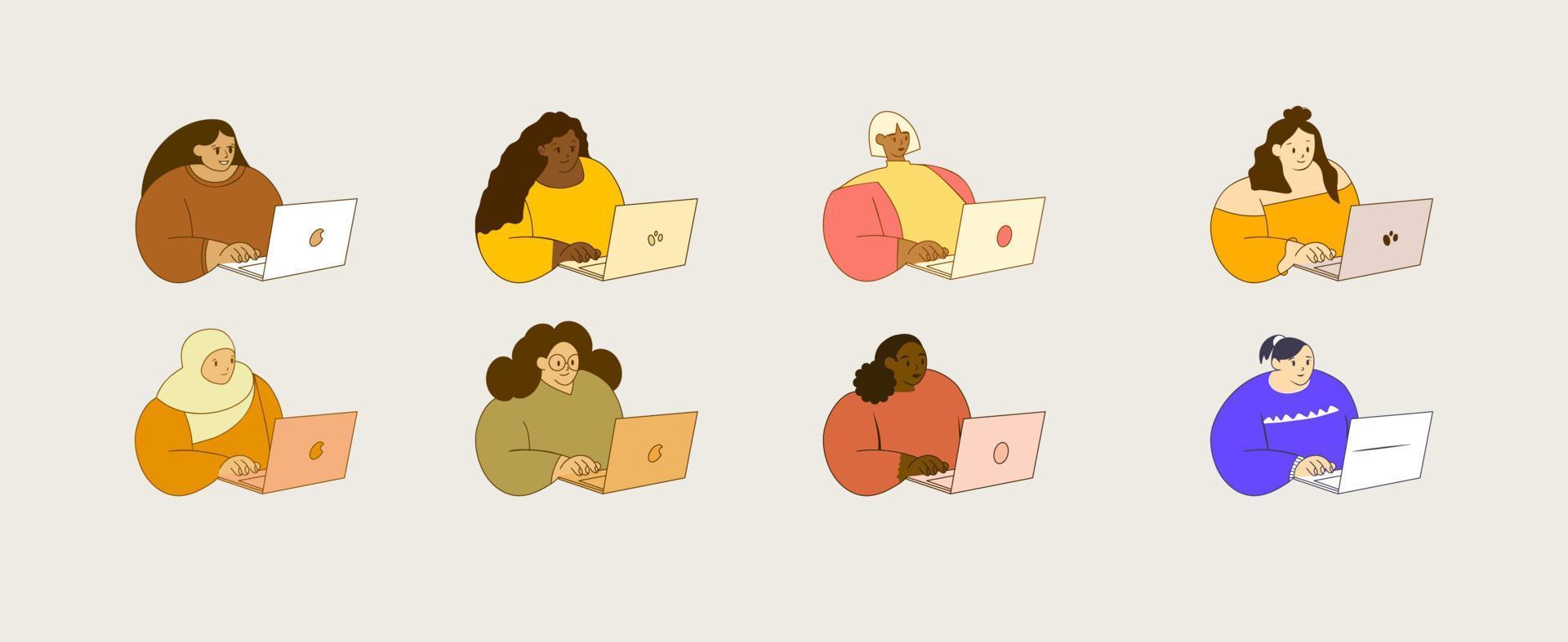 Female Entrepreneur Working on Laptop Set Vector Illustration