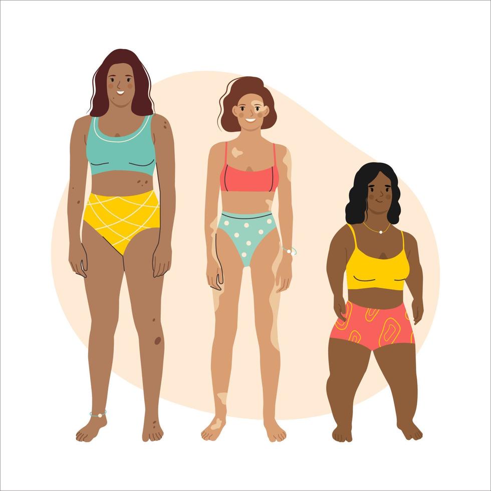 Body positive movement and beauty. Diversity, Equality, Inclusion. Flat vector illustration of pretty Women of Diverse ages, Height and Body types, standing in sportswear.