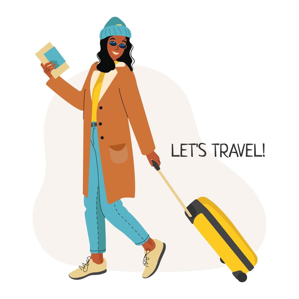 African American Woman in coat and knitted hat with a Suitcase goes on vacation. Girl with a Suitcase and a passport with boarding pass tickets. Travel concept. Vector illustration.