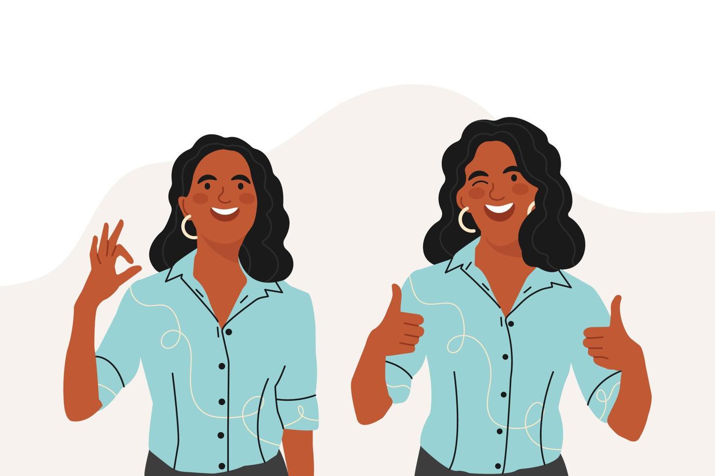 sonriente africano americano joven mujer gestos en gratitud, positivo comentario. Reconocimiento y gratitud. plano vector ilustración.