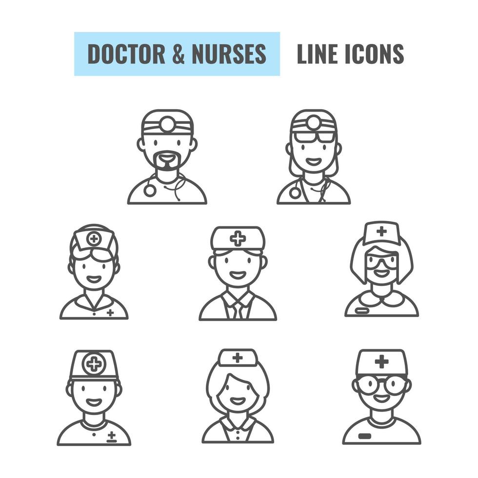 Doctor and Nurse Outline Icons set. Female and male Physician, Doctor or Nurse avatar set. Line Icons for web application. Vector illustration.