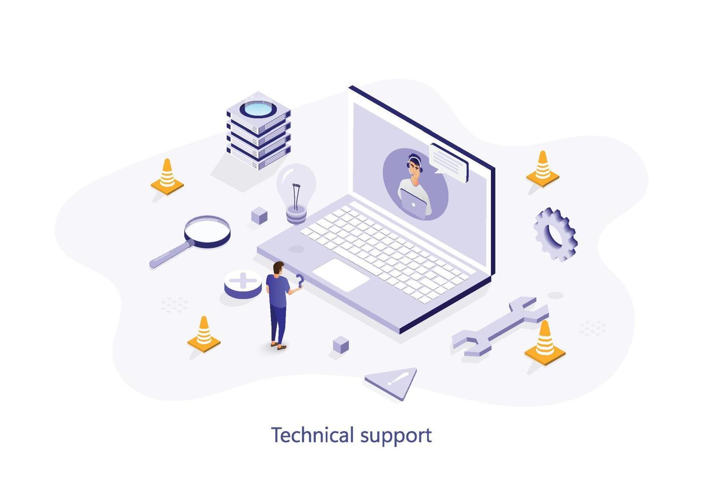 Technical support isometric landing page template. Call center worker having chat with client online. Cartoon customer helpline consultations. Hotline maintenance operator webpage design layout vector