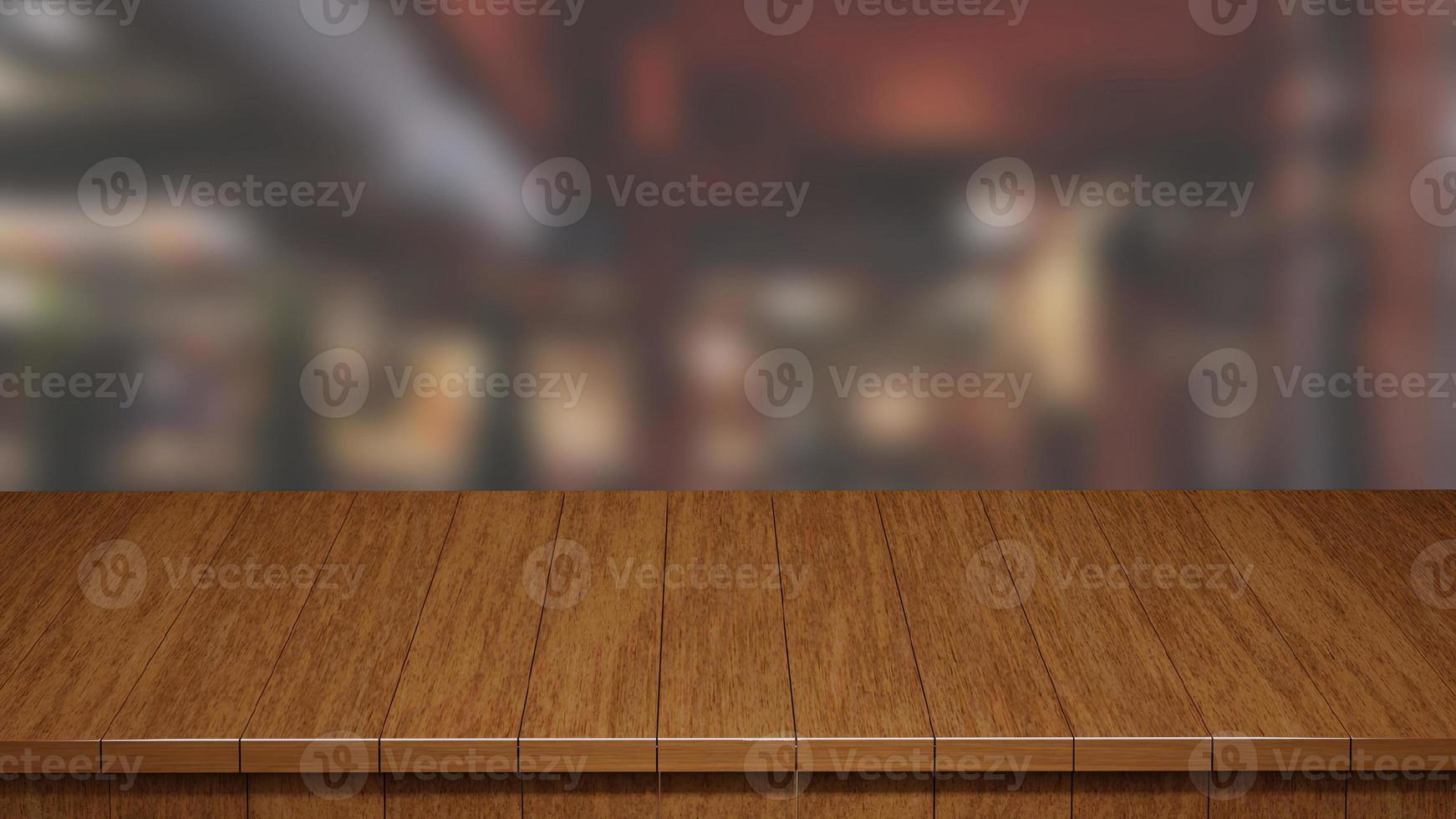 Realistic Wood Table top front view 3d render with a blurred background photo