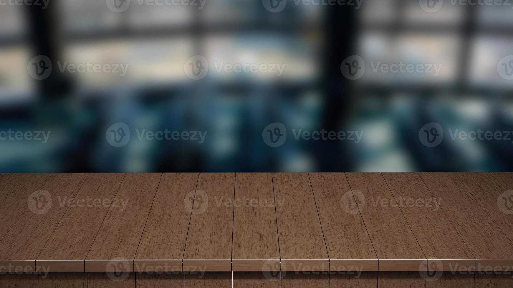 Realistic Wood Table top front view 3d render with a blurred background photo