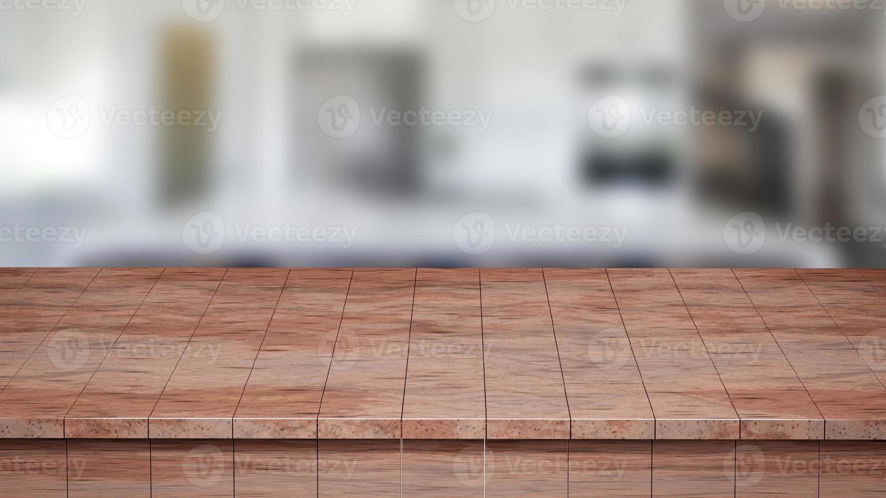 Realistic Wood table, Wood Board top front view 3d render with a blurred background photo