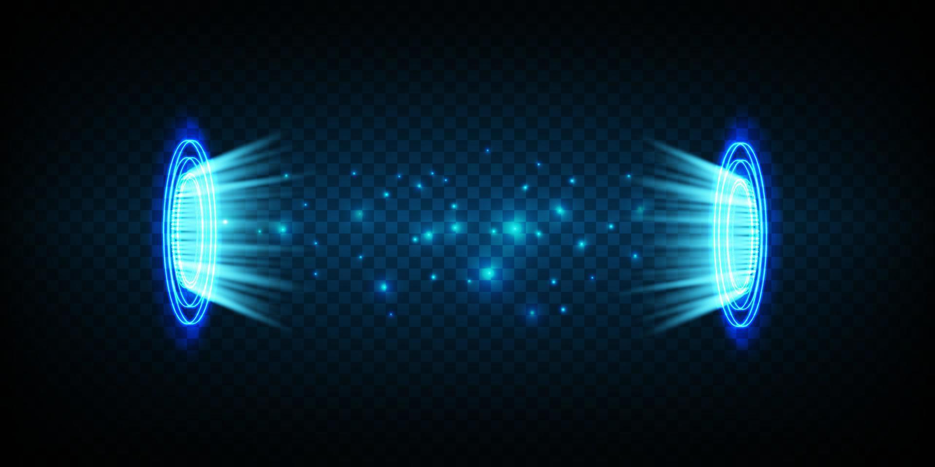 magia portales en el noche escena. azul redondo hologramas con rayos de ligero y destellos brillante futurista teletransportarse túnel con Copiar espacio en negro antecedentes vector