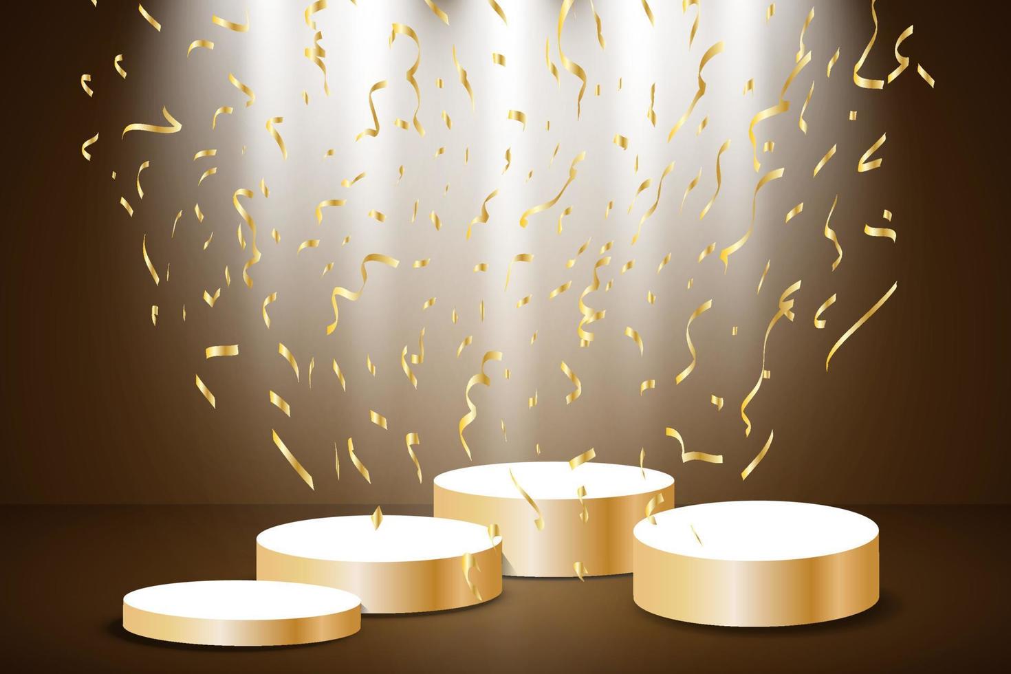 Golden podium with a spotlight on a dark background, falling golden confetti, first place, fame and popularity. Vector illustration.