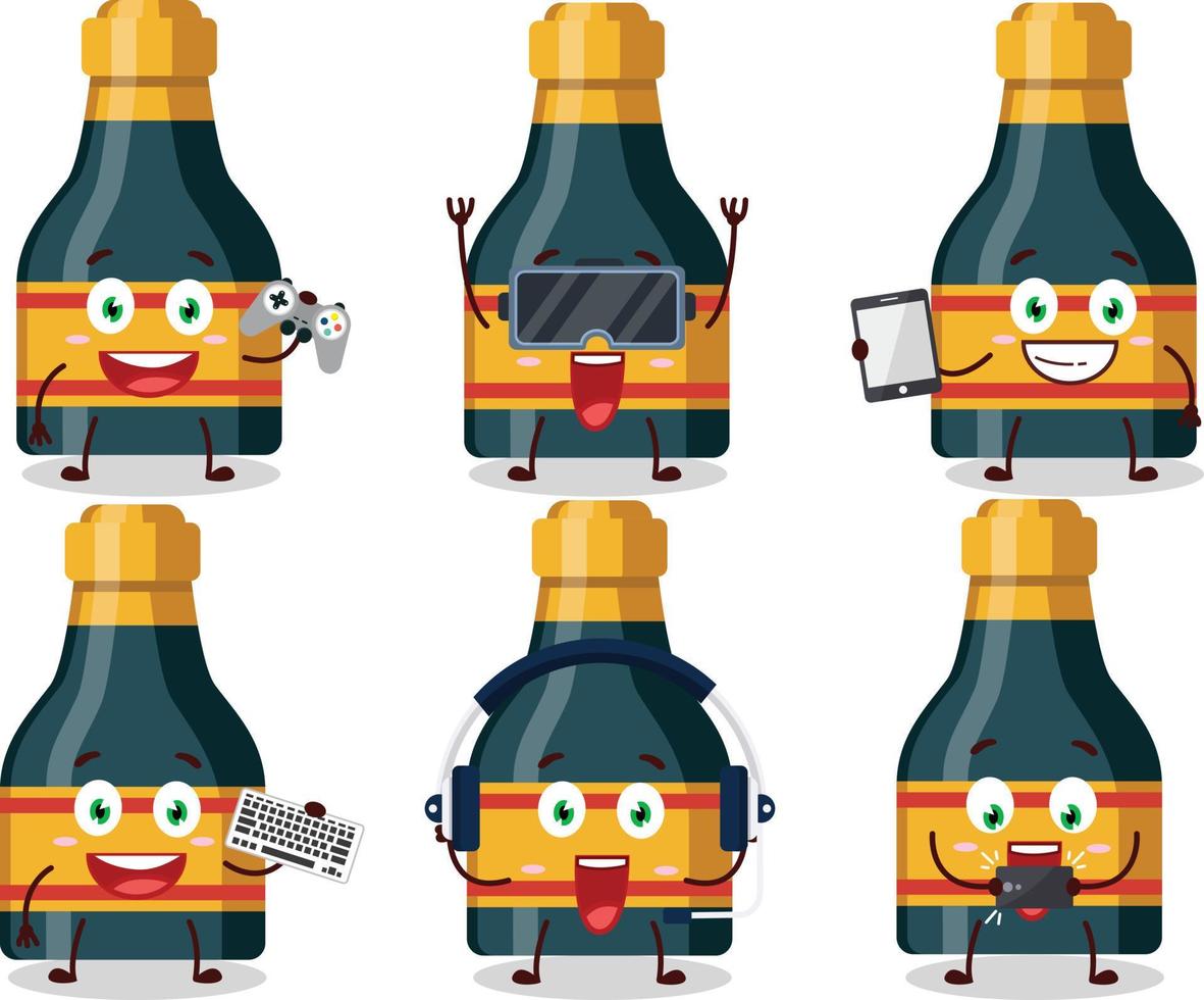 Wine bottle cartoon character are playing games with various cute emoticons vector