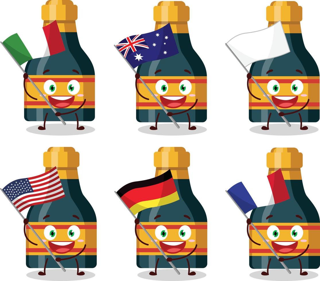 Wine bottle cartoon character bring the flags of various countries vector