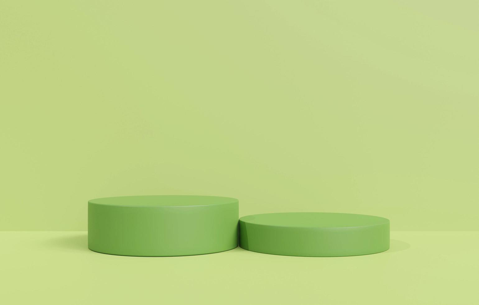 Podium 3D on green backdrop.Product display presentation.Abstract scene background.Realistic circle stand.Pedestal product on Minimal scene.Geometric platform show cosmetic product.3D rendering photo