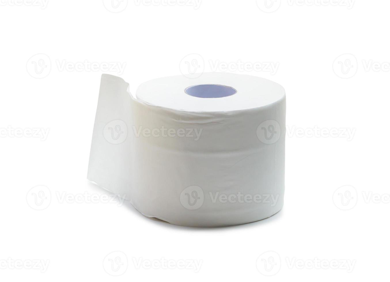 Close up photo of single roll of white tissue paper or napkin prepared for use in toilet or restroom isolated on white background with clipping path