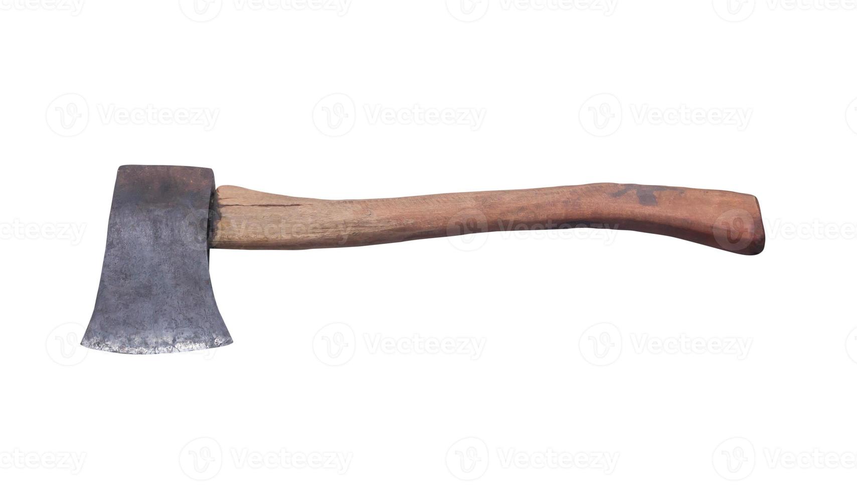 Old rust dirty dark gray axe with brown wooden handle isolated on white background with clipping path photo