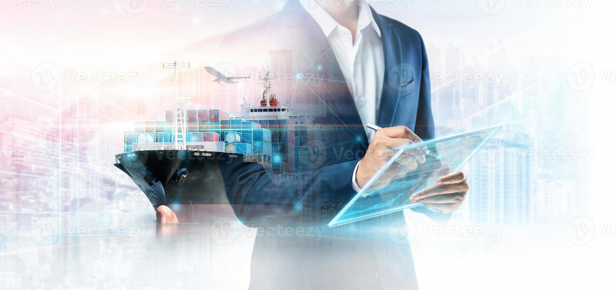 Business and Technology Digital Future of Cargo Containers Logistics Transport Concept, Double Exposure of Business man using Tablet and Freight Ship at Port, Transportation Import Export Background photo