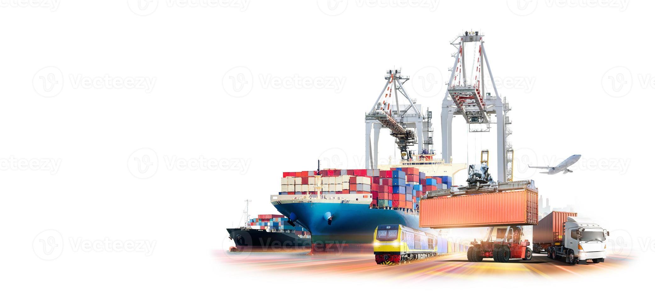 Global business logistics transport import export and International trade concept, Logistics distribution of containers cargo freight ship, Truck and train on white background, Transportation industry photo