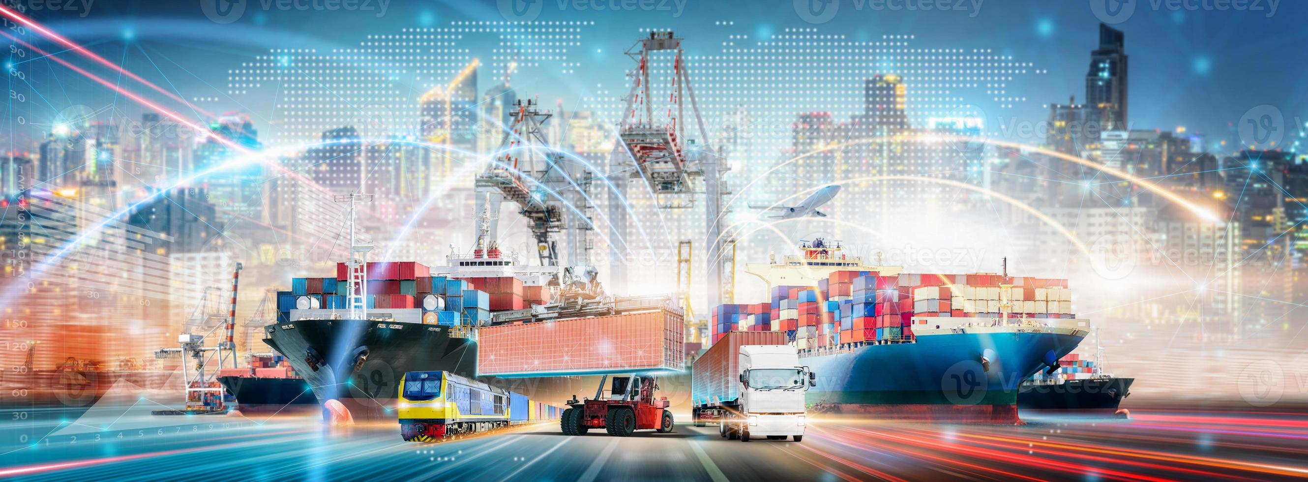 Global Business Network Distribution and Technology Digital Future of Cargo Containers Logistics Transport Concept, Double Exposure of Freight Ship, Modern Futuristic Transportation Import Export photo