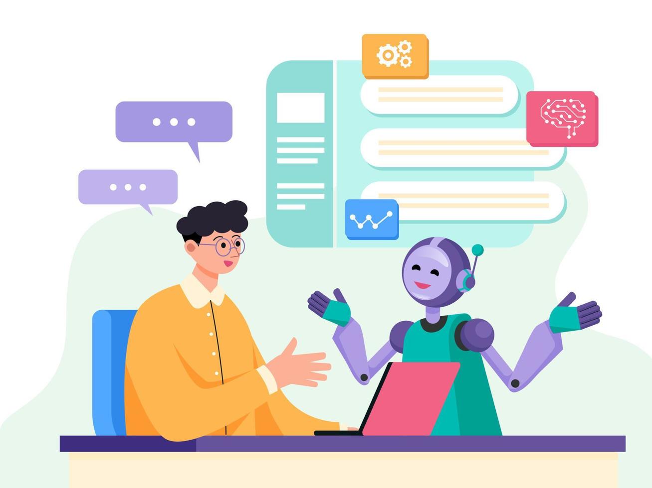Personal Assistant of AI Bot and Male Writer Chatting Over vector