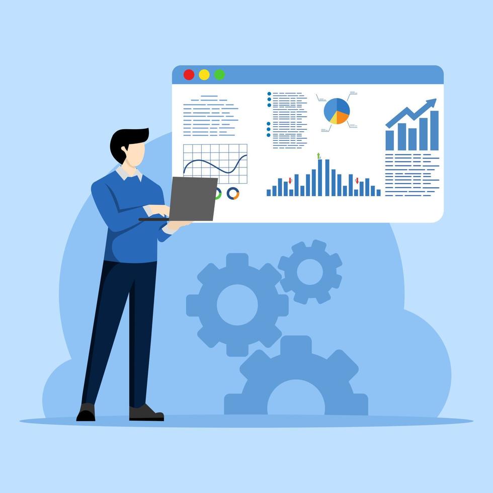 Data analytics concept, statistics to analyze, diagrams for optimization, business graph dashboard, marketing research, big data and information concept, business people analyze graphs and charts. vector