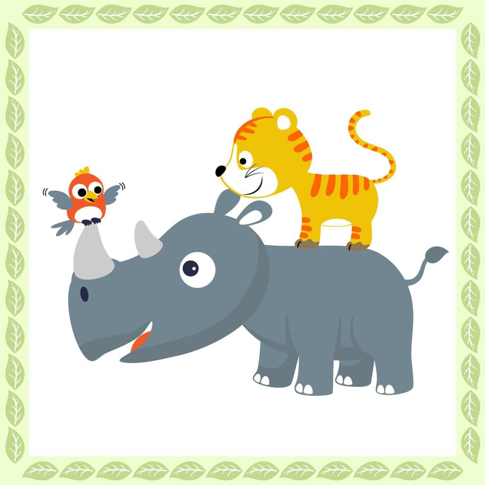 funny rhinoceros with tiger and bird in leaves frame border, vector cartoon illustration