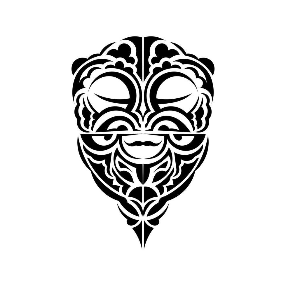 Masks of gods in ornamental style. Polynesian tribal patterns. Suitable for prints. Isolated. Black ornament, vector illustration.