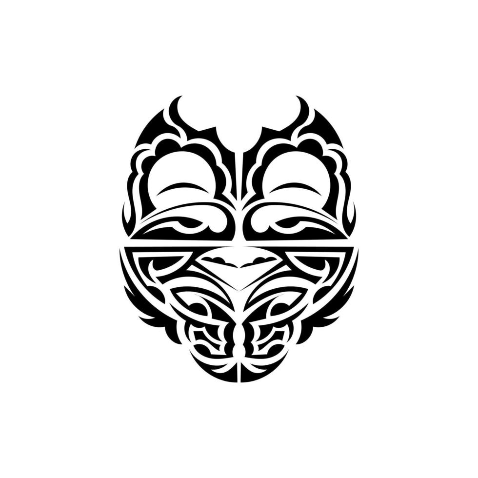 Ornamental faces. Hawaiian tribal patterns. Suitable for prints. Isolated on white background. Black ornament, vector illustration.